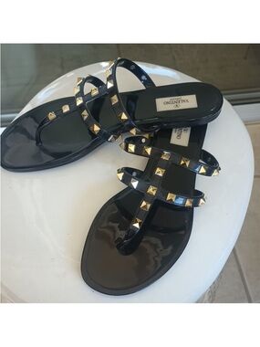 Valentino Garavani Black Jelly Rockstud T-Strap Sandals